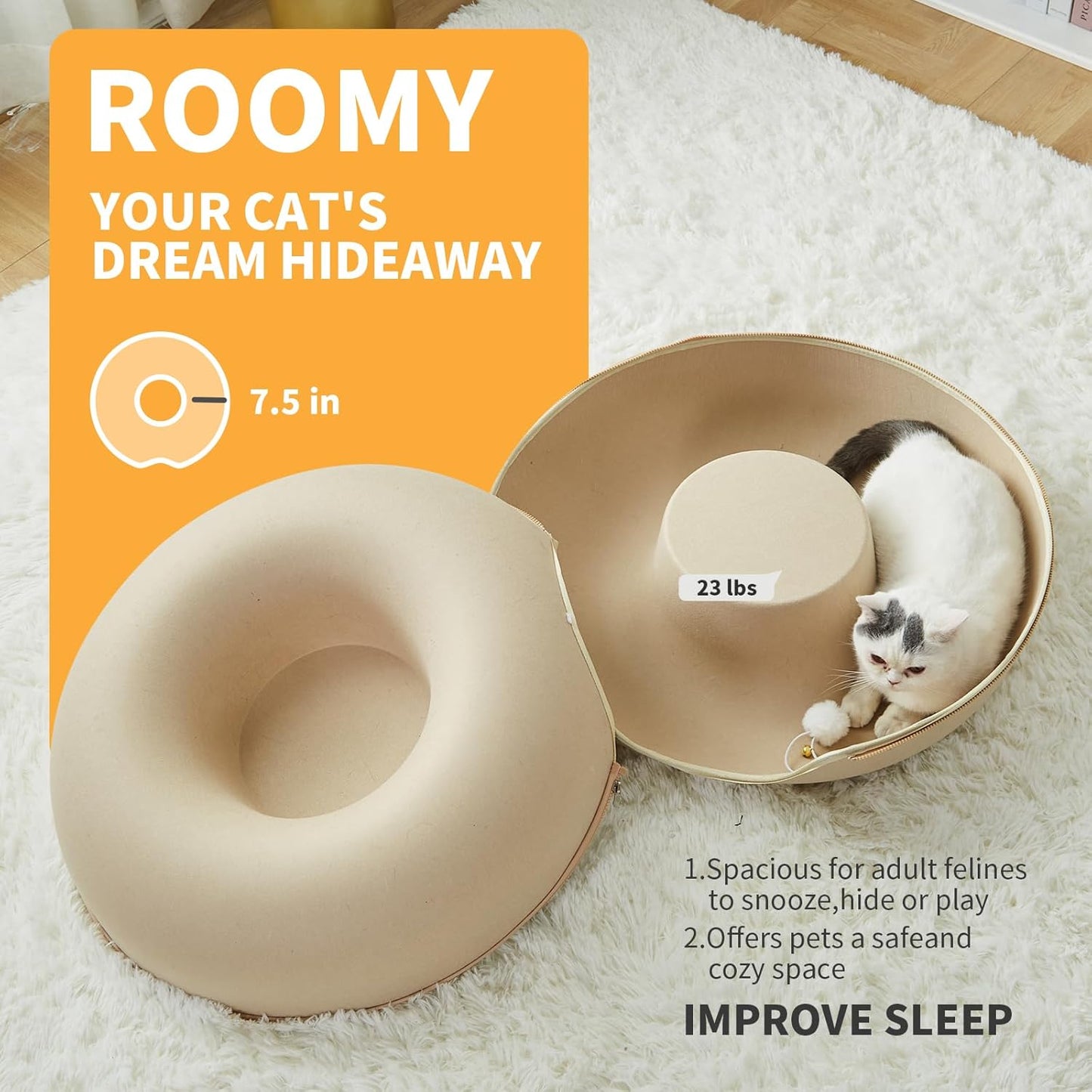 Jia Xi Cat Bed and Hideout, Large Indoor Cat Condo with Tunnel and Cave (24 inch, Beige) - Pet Explorer
