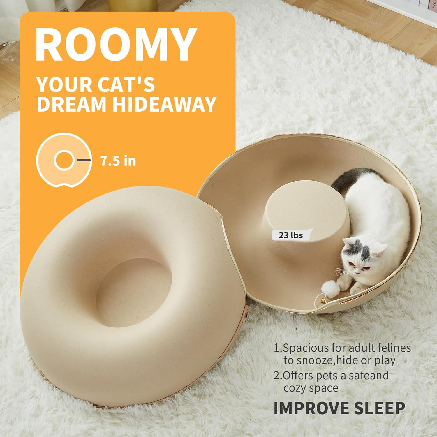 Jia Xi Cat Bed and Hideout, Large Indoor Cat Condo with Tunnel and Cave (24 inch, Beige) - Pet Explorer