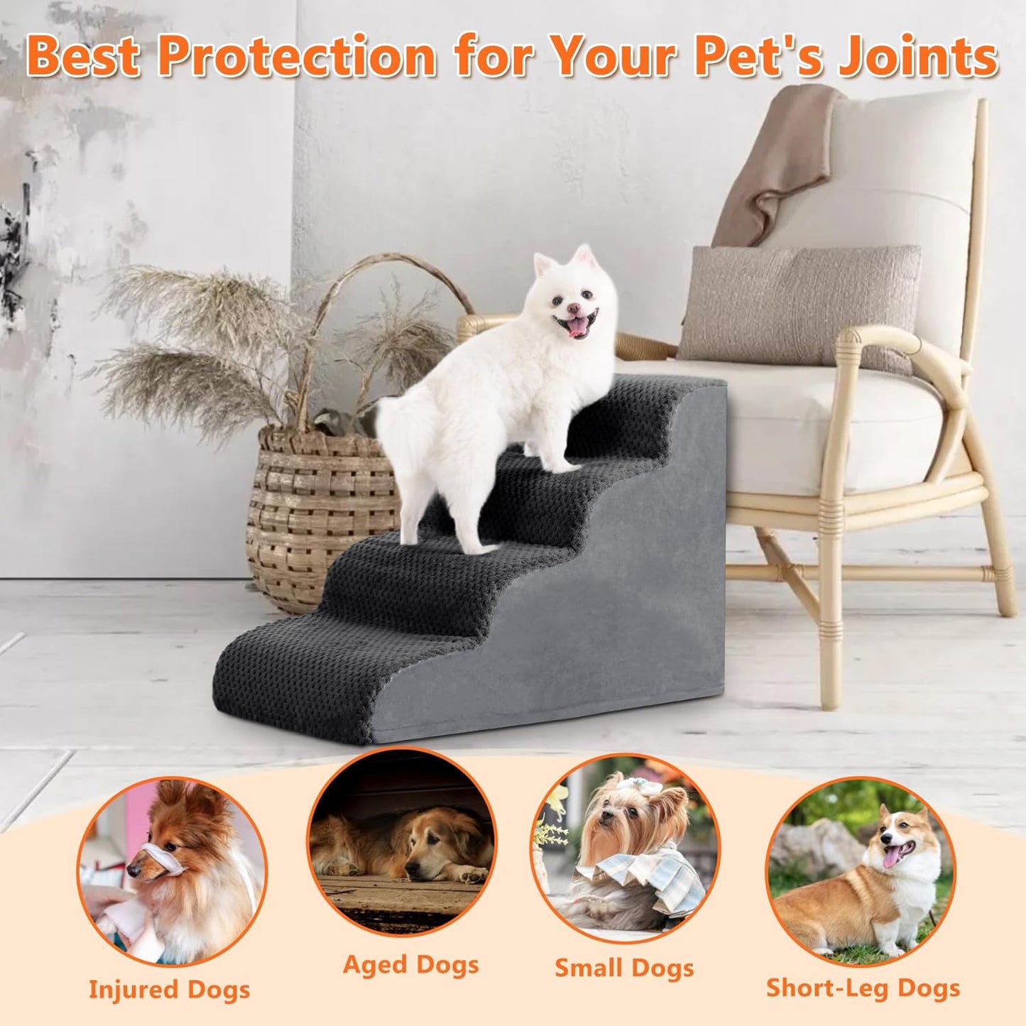 MIHIKK Dog Stairs Ramp, Curved 4-Step Dog Steps for Small Dogs and Cats, Pet Stairs for High Beds and Couch with Anti-Slip Washable Cover and Durable High Density Foam, Dark Grey - Pet Explorer