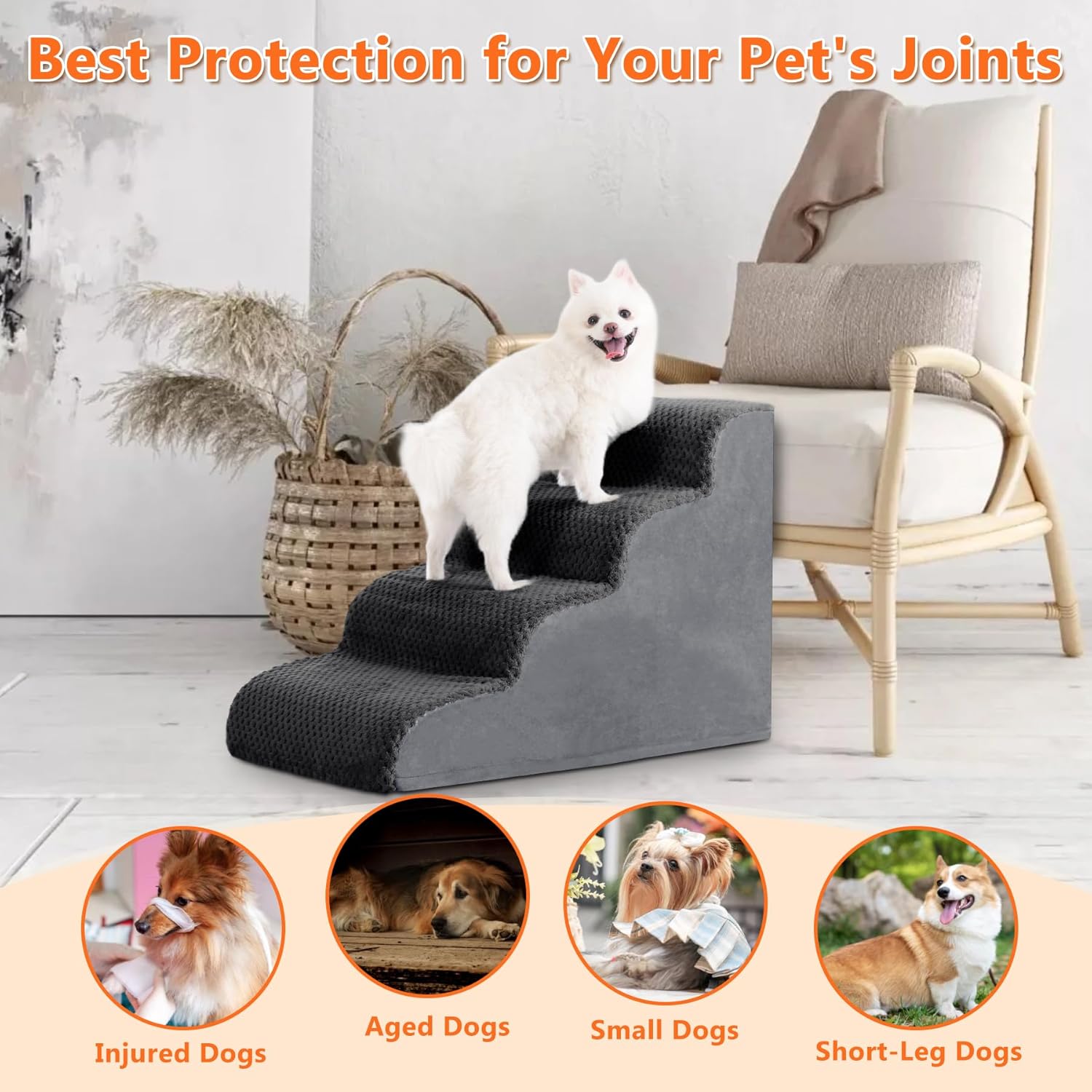 MIHIKK Dog Stairs Ramp, Curved 4-Step Dog Steps for Small Dogs and Cats, Pet Stairs for High Beds and Couch with Anti-Slip Washable Cover and Durable High Density Foam, Dark Grey - Pet Explorer