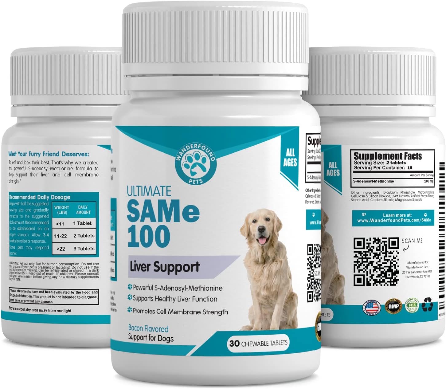 Wanderfound Pets Same 100 Liver Support for Dogs - Same S-Adenosyl-L-Methionine Hepatic Supplement for Liver & Brain Support - Bacon Flavored Sam E, Manufactured in The USA - 30 Chewable Tablets - Pet Explorer