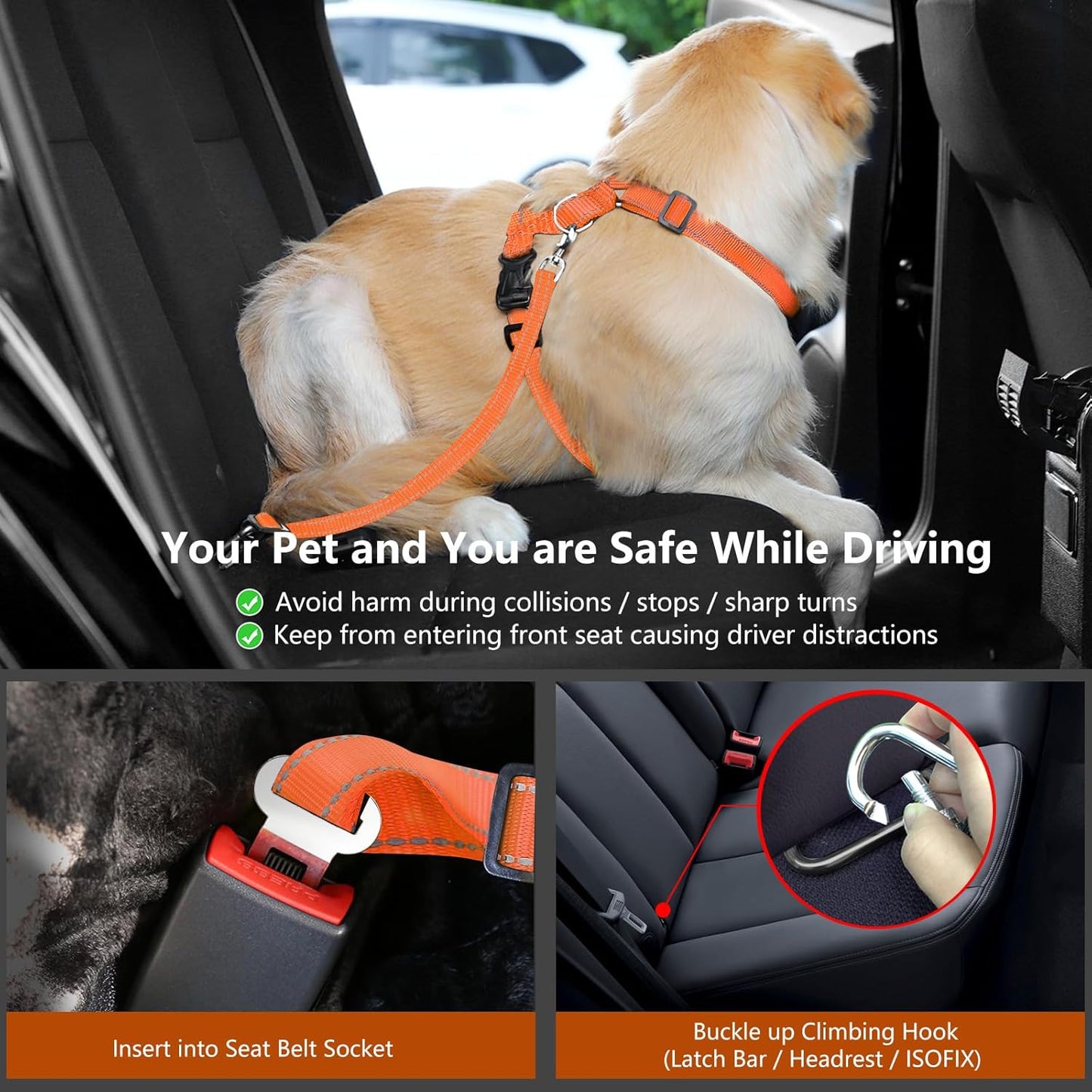 Dog Seat Belt Harness for Car, Dog Car Harness Adjustable Mesh Breathable & Dogs Seatbelt Safety Tether with Elastic Bungee for Small Medium Large Pets(Orange, L) - Pet Explorer