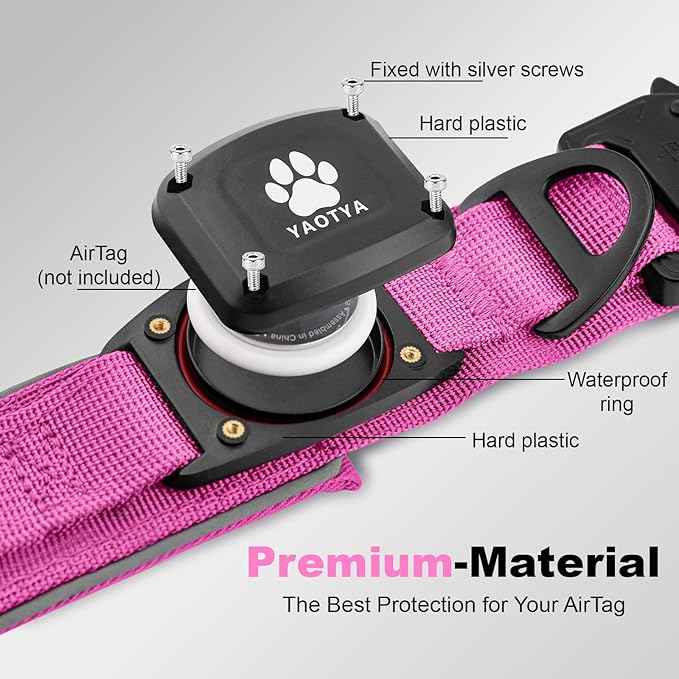 2026 Upgrade Dog Collar with IPX8 Waterproof AirTag Holder,Military Tactical Comfortable Control Handle and Ultra-Durable Metal Buckle/Night Reflective,GPS Collar for Medium to Large Dogs（Pink/M）