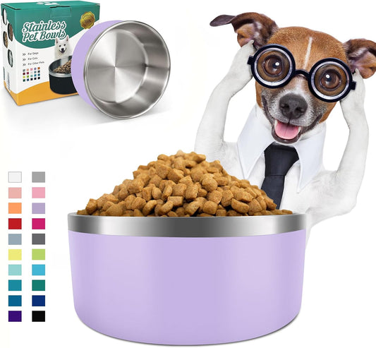 IKITCHEN Dog Bowl for Food and Water, 40 Oz Stainless Steel Pet Feeding Bowl, Durable Non-Skid Insulated Heavy Duty with Rubber Bottom for Medium Large Dogs (40 Ounces/5 Cup, Light Purple) - Pet Explorer