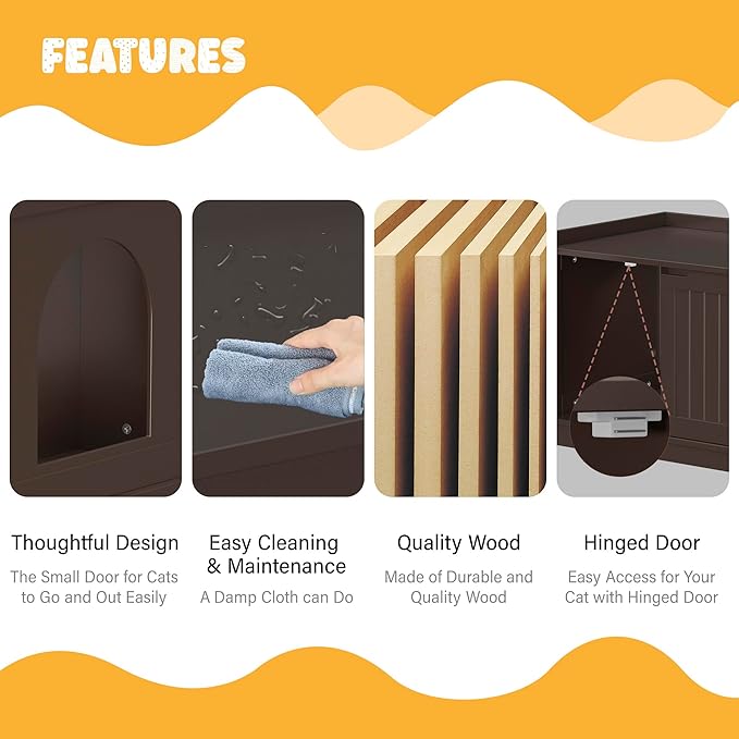 ZENY Cat Litter Box Enclosure Furniture Hidden, Wooden Cabinet with Divider, Modern Cat Washroom Storage Bench，Fit Most of Litter Box, Brown