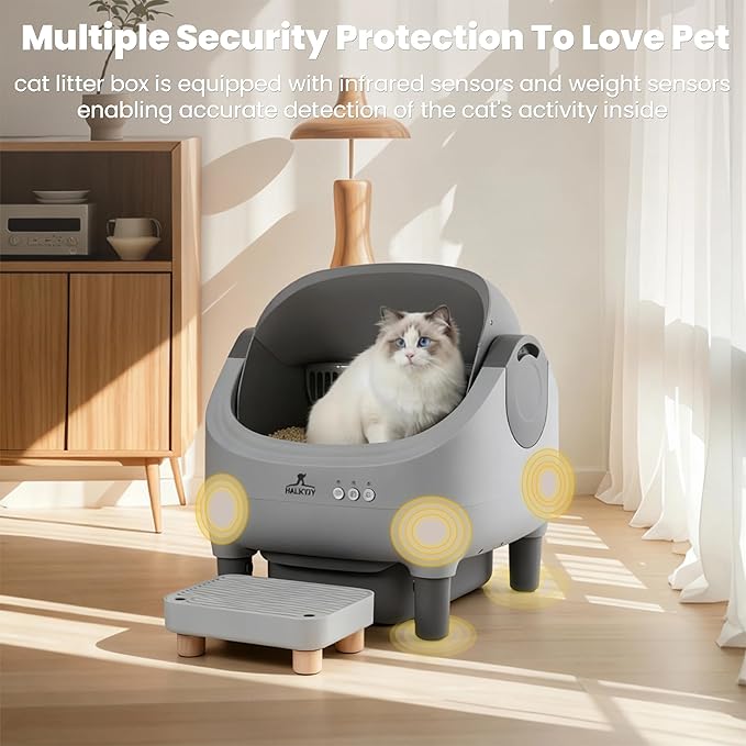 Automatic Litter Box with Raised Step, Open Top Large Capacity Self Cleaning Litter Box for Multiple Cats, Smart App Control, Odor-Free & Health Monitoring & Quiet Operation