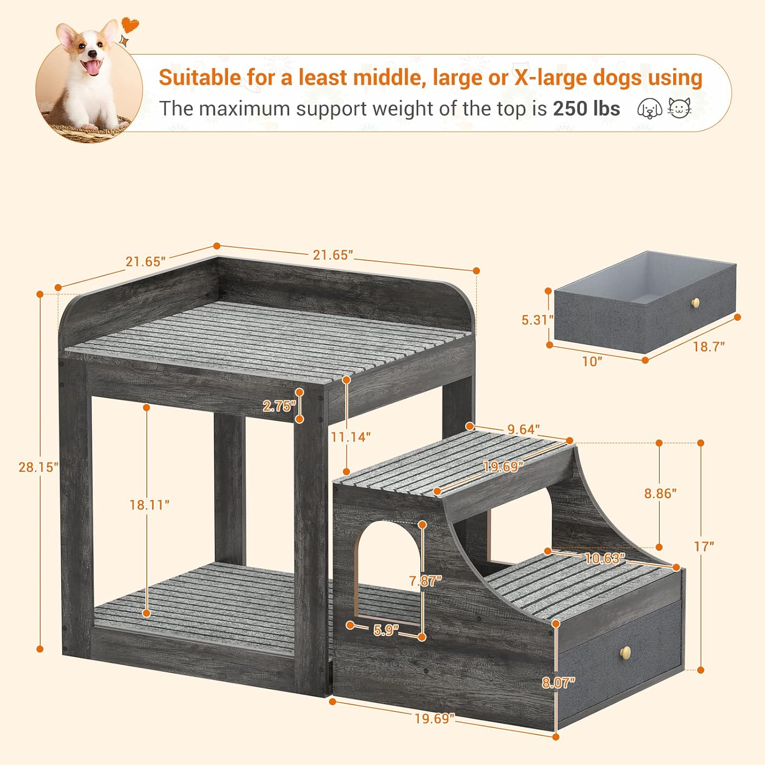 Cyclysio Super Large Multi-Level Pet Bunk Bed with Stairs, Mats, Drawers for Indoor Use, Grey - Pet Explorer