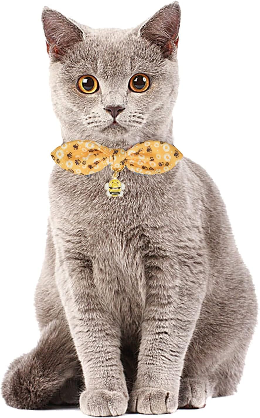 2 Pack Breakaway Cat Collars with Cute Bunny Ear Bowtie and Bell, Bow Tie Kitty Collars for Female Girl Cats(Yellow Bee & Pink Strawberry)