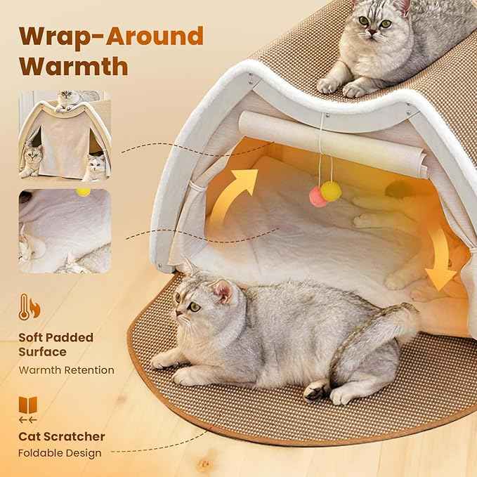 Cat Houses for Indoor Cats - Large Cat Bed Cave with Natural Sisal Cat Scratcher Mat, Solid Wood Frame Cat House with Curtains and Cat Floor Scratching Pad Rug, Protect Couch and Carpets, L