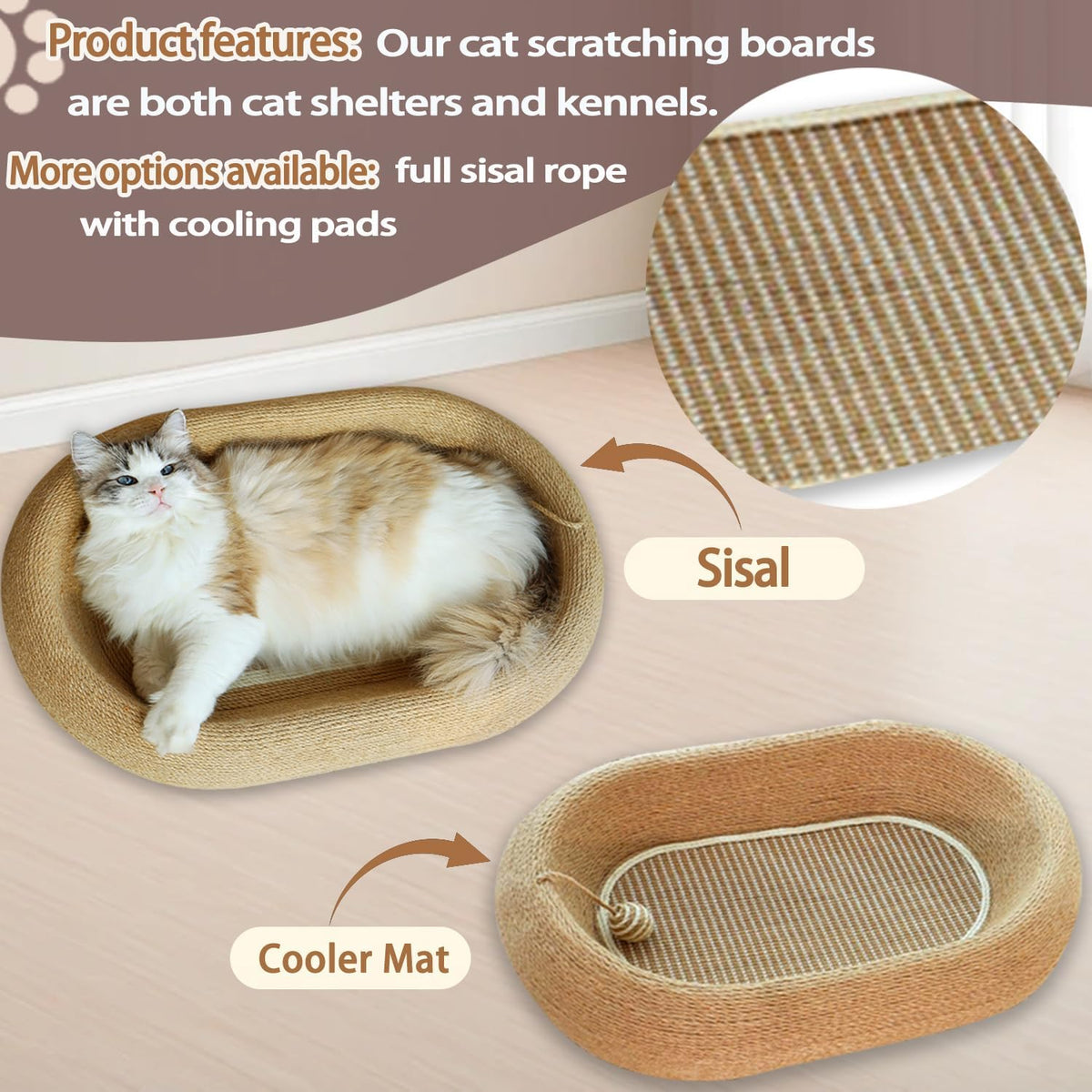 3-in-1 Sisal Scratching Board Bed, for Indoor Cats, Large Oval Cat Scratching Board, Toys for Playing and Nursing Paws (24x15x5 inches) (Large Size, Cat Bed - with Cooling Pad)