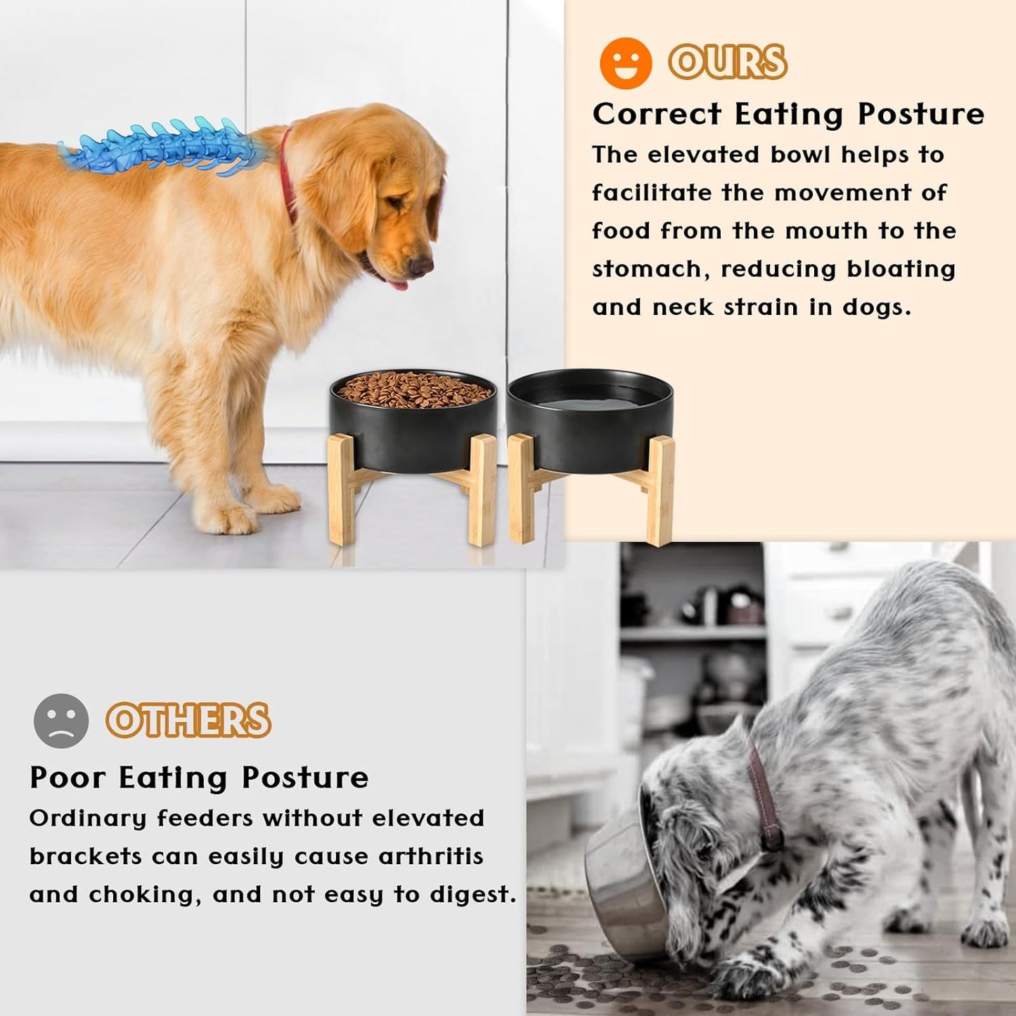 SPUNKYJUNKY Ceramic Elevated Dog Bowls 2 Pack - 8.3inch Raised Dog Bowls with Non-Slip Wooden Stand for Large Dogs Dishwasher Safe(Black,60OZ*2) - Pet Explorer