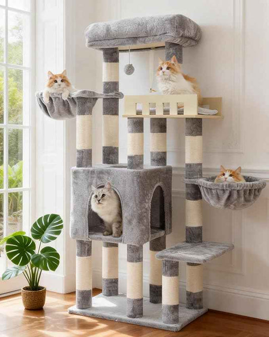 Cat Tree for Indoor Cats Large Adult, Heavy Duty Cat Tree for Large Cats 20 lbs+, Cat Condo with Big Wooden Perch, Cat Tower with 14 Scratching Posts, Hammock, Light Gray GCT023W