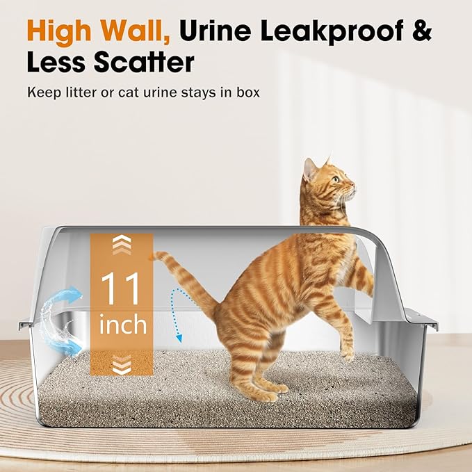 2PACK Stainless Steel Litter Box, Extra Large Litter Boxes for Big Cats, XL Metal Cat Litter Box with Lid High Sides, Anti-Urine Leakage, Non-Sticky, Scoop Included