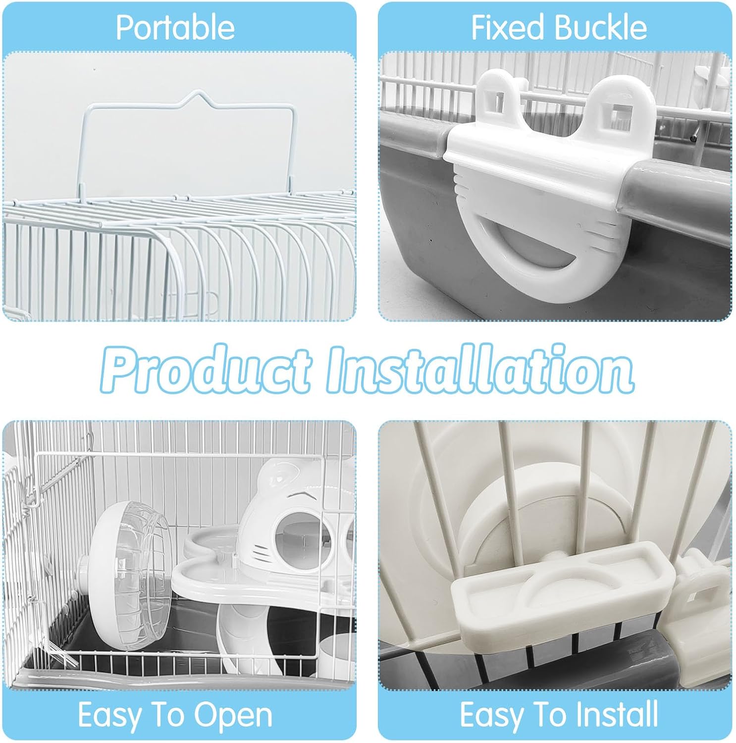 PINVNBY Dwarf Hamster Cage, Small Animal Cages, 2-Tier Travel Portable Mouse Cage Hamster Carrier with Castle House Running Exercise Wheels, Water Bottle and Food Dis（Gray） - Pet Explorer