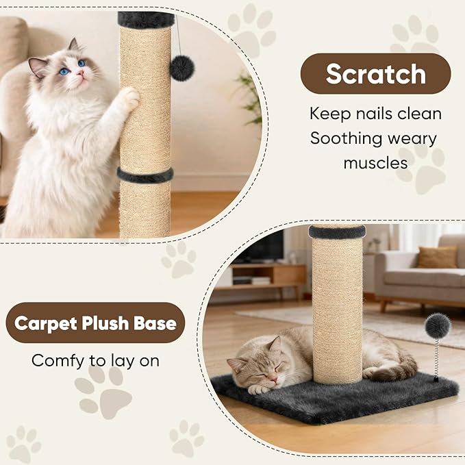 XiaZ Cat Scratching Post 34'' Tall, Heavy Duty Cat Tree Tower for Indoor Kitty with Extra Wide 15.8" Stable Base and 2 Toy Balls, Natural Sisal & Plush Fabric for Small, Medium Cats(Dark Gray, 2.8in)