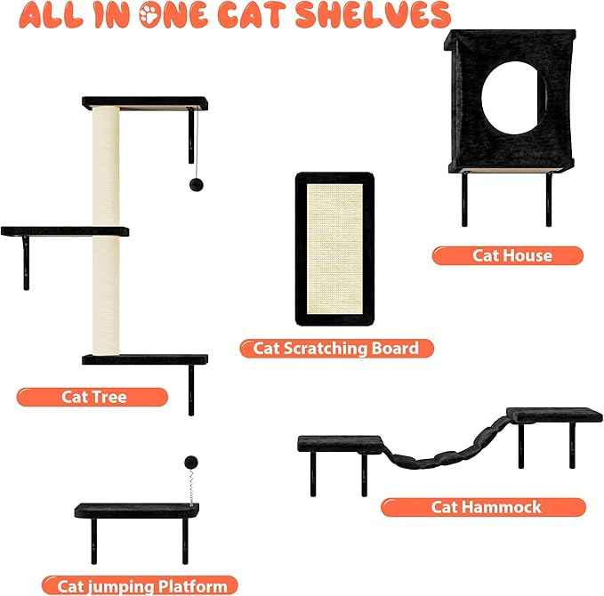 NUNU LAB Wall Mounted Cat Wall Shelves, 10-in-1 Cat Wall Climber with Kitten House, Bridge, Steps, Scratcher, Indoor Space-Saving Furniture for Kittens Play, Black