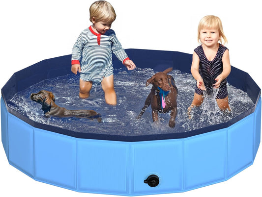 79" x 12" Foldable Dog Pool - Collapsible Hard Plastic Kiddie Pool for Dogs & Kids, Non-Slip Pet Bath Tub for Outdoor Backyard Use, Lightweight & Portable (Blue) - Pet Explorer
