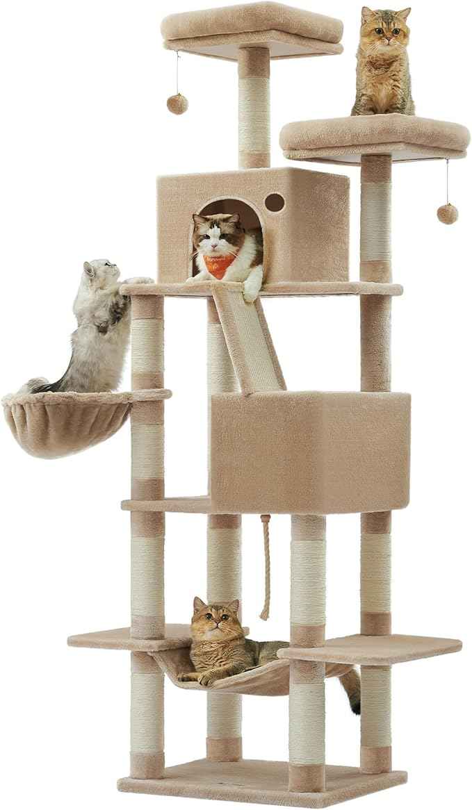Feandrea Cat Tree, 81.1-Inch Large Cat Tower, Multi-Level Plush Condo with 13 Scratching Posts, 2 Perches, 2 Caves, Basket, Hammock, Pompoms, Camel Brown UPCT190K01