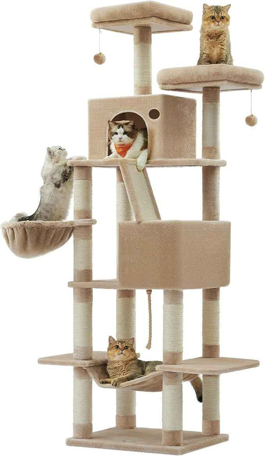 Feandrea Cat Tree, 81.1-Inch Large Cat Tower, Multi-Level Plush Condo with 13 Scratching Posts, 2 Perches, 2 Caves, Basket, Hammock, Pompoms, Camel Brown UPCT190K01