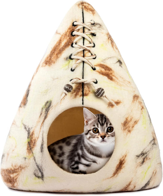 Luxurious Eco-Friendly Merino Wool Cat Cave Bed Teepee Design - Foldable Hideaway Pod for Indoor Cats - Premium Felt Kitten Beds - Covered Cat House for Ultimate Cozy Comfort by Woolygon - Pet Explorer