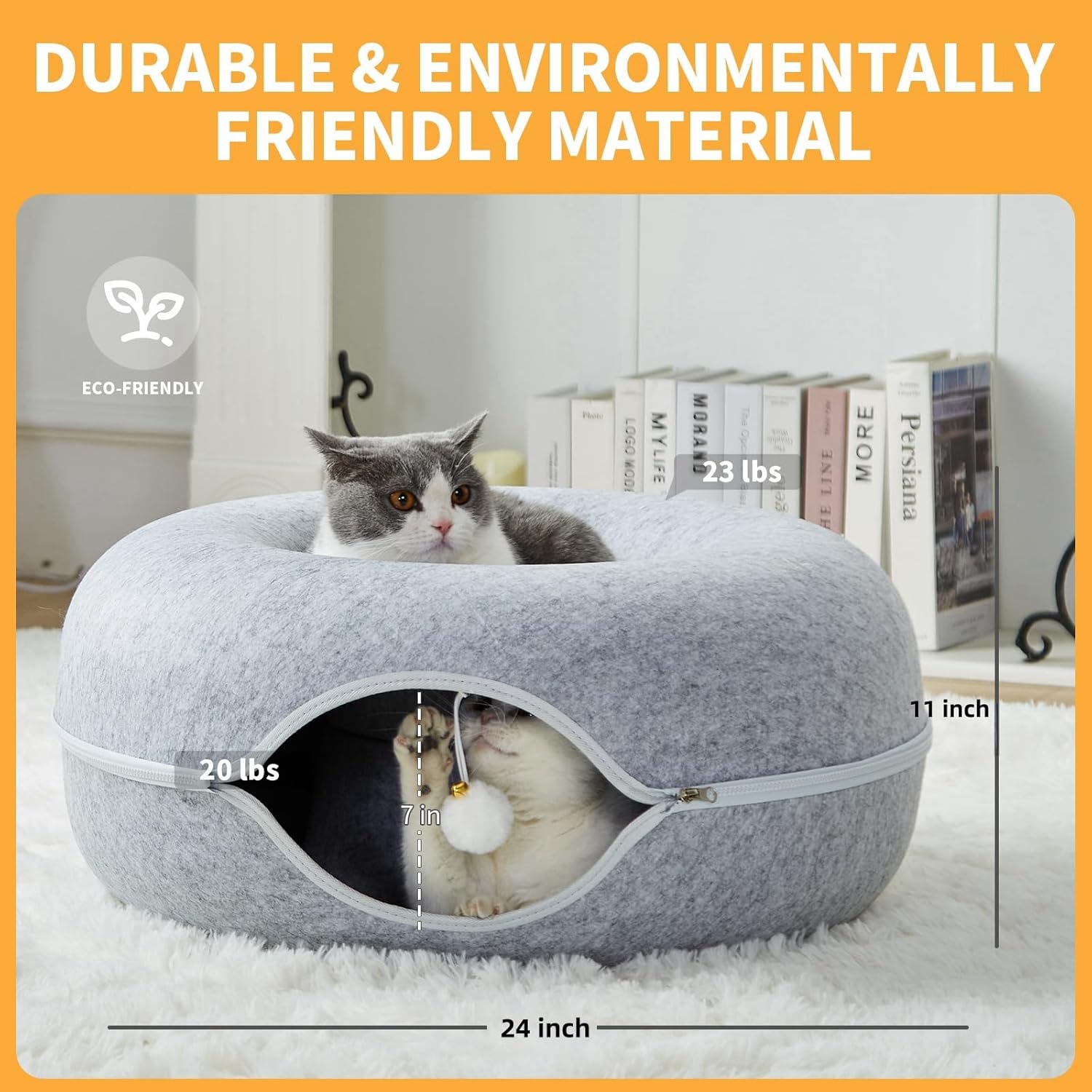 Jia Xi Cat Tunnel and Bed Combo - Donut Cat Condo & Cave, Universal for All Seasons (24 in * 24 in * 11 in), Light Grey - Pet Explorer