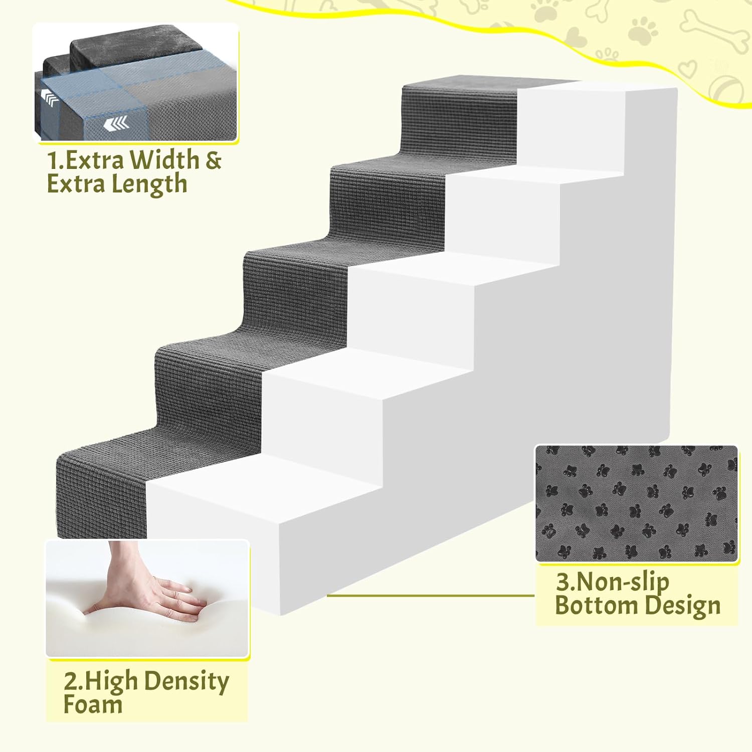 Niubya Dog Stairs for Small Dog and Cats,23”H Non-Slip Bottom Pet Steps for High Beds and Couch,High-Density Foam Pet Stairs Grey,5 Steps - Pet Explorer