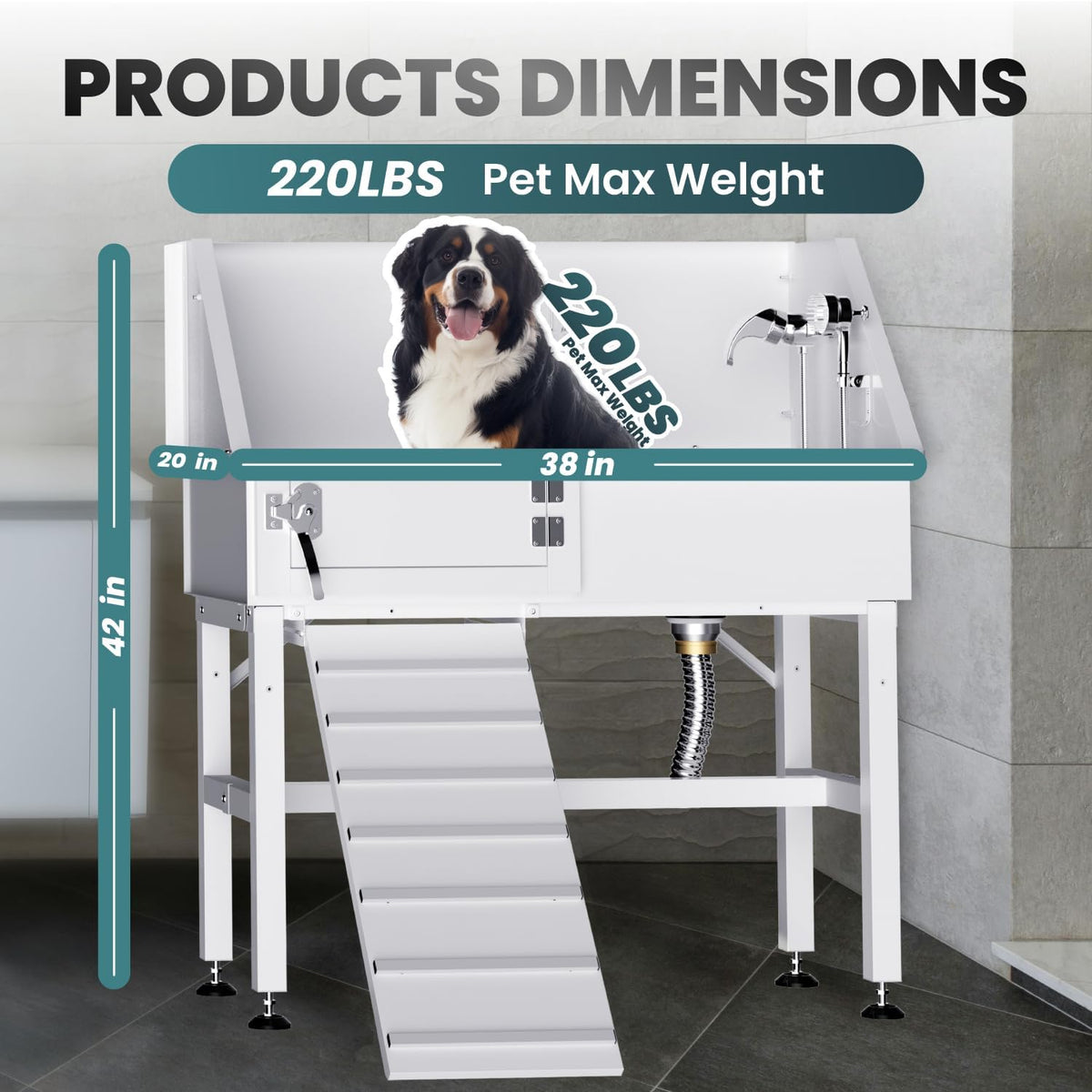Dog Washing Station for Home, 38" White Professional Stainless Steel Dog Grooming Tub, Height Adjustable Dog Bathing Station, Upgrade Parts, Dog Bath Tubs for Small & Medium Dogs(Left Ramp) - Pet Explorer