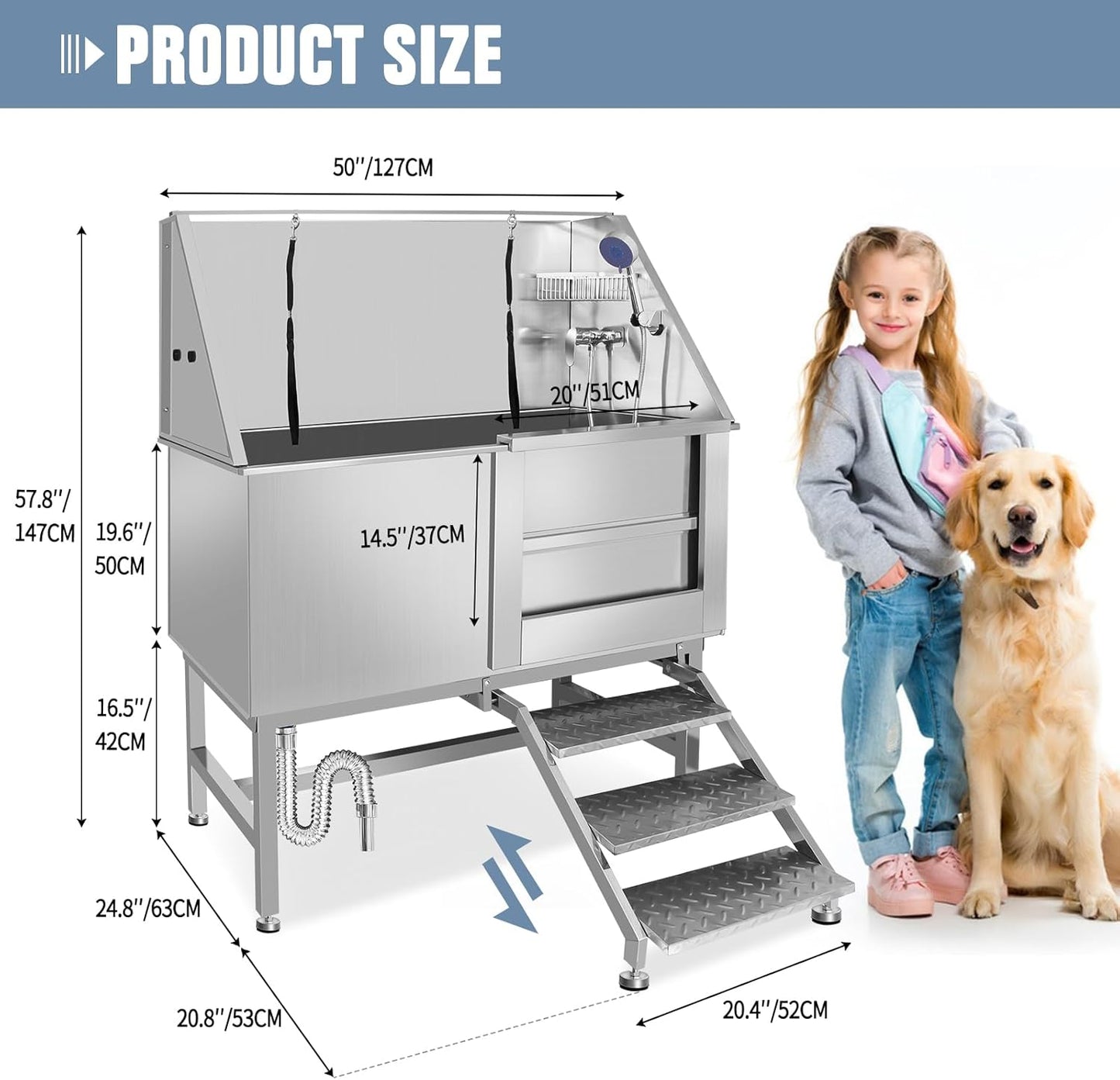 50" Pet Dog Bathing Station W/Ramp, Professional Stainless Steel Dog Grooming Tub W/Soap Box, Faucet,Rich Accessory, Dog Bathtub for Large,Medium,Small Pets, Washing Sink for Home (50" Right ramp) - Pet Explorer
