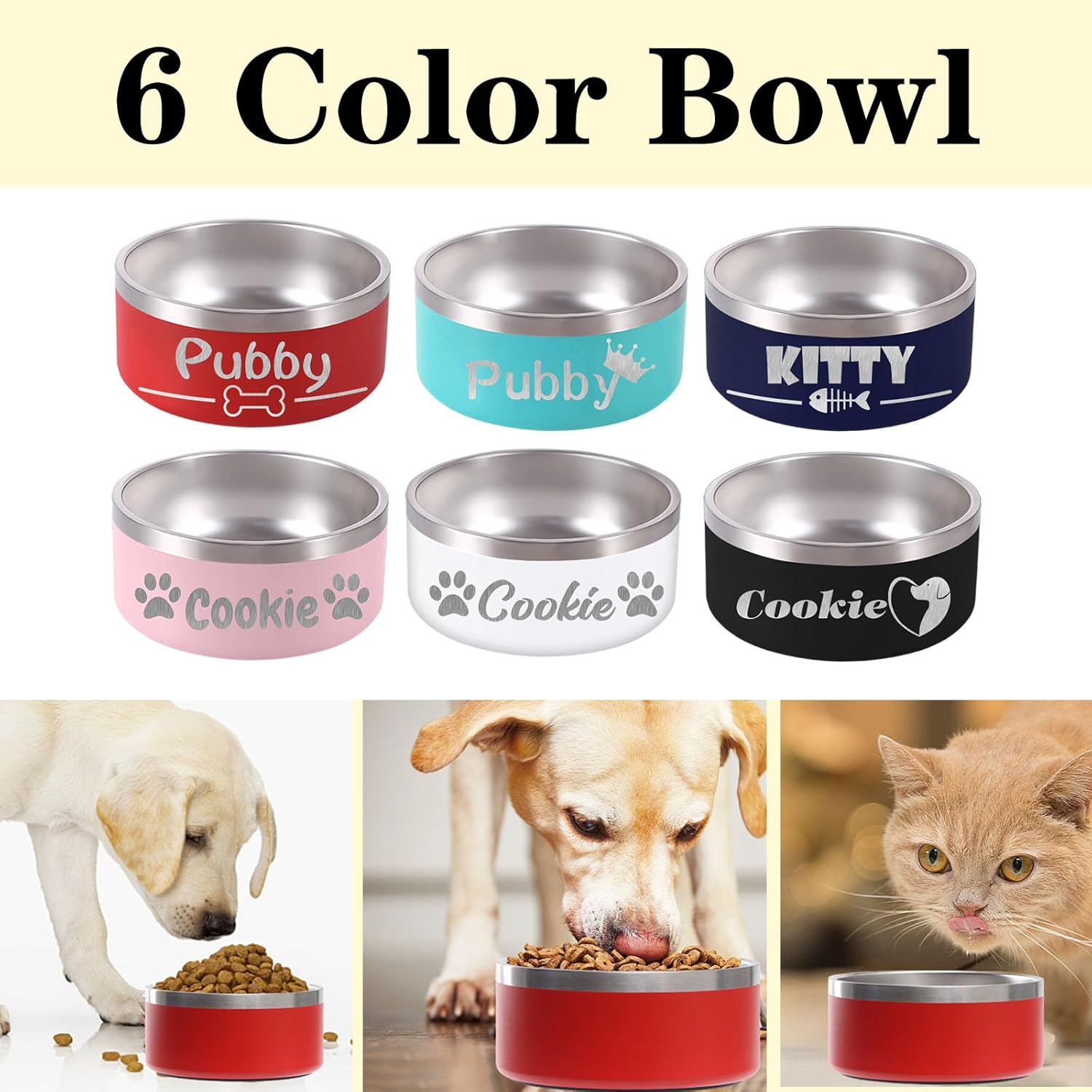 Personalized Dog Bowl Laser Engraved Custom Pet Name 18/32/42/64 oz No Slip Stainless Steel Insulated Bite-Resistant Food Water Dishes-Pink - Pet Explorer