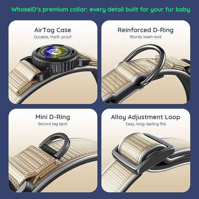 WhoseID Premium AirTag Dog Collar - Air Tag Small Dog Collar | Fur-Safe Magnetic Buckle | IPX8 Waterproof Reflective Dog Collar with AirTag Holder