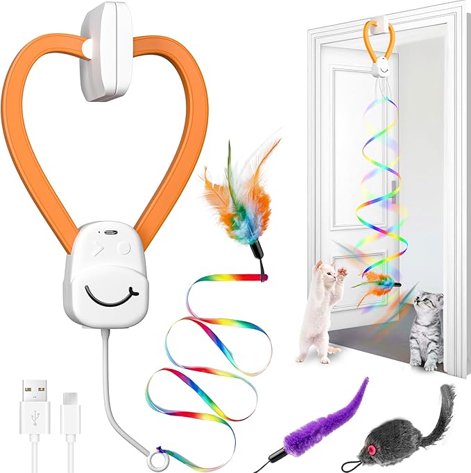 Interactive Cat Toys for Indoor Cats,Automatic Hanging Electric Cat Teaser,USB-Rechargeable,Enrichment Chase,Flying Bird Feather Mouse Wand,Safe Self Play for Bored Multi Cats Households