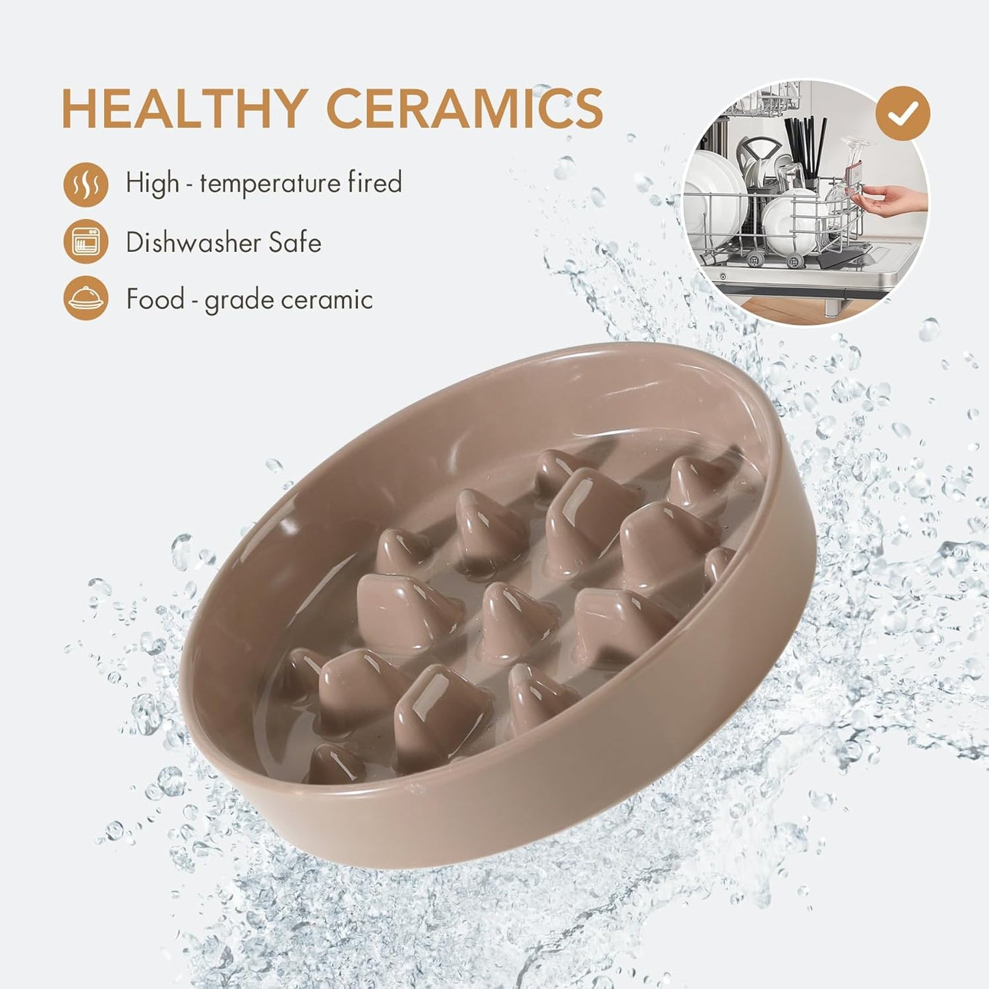 Ceramic Raised Slow Feeder Dog Bowl Set, Elevated 7.3inch Bowl and 8.2inch Slow Pet Food Dish with Wooden Stand for Medium and Large Dog (2 x Brown Coffee+ Stand) - Pet Explorer