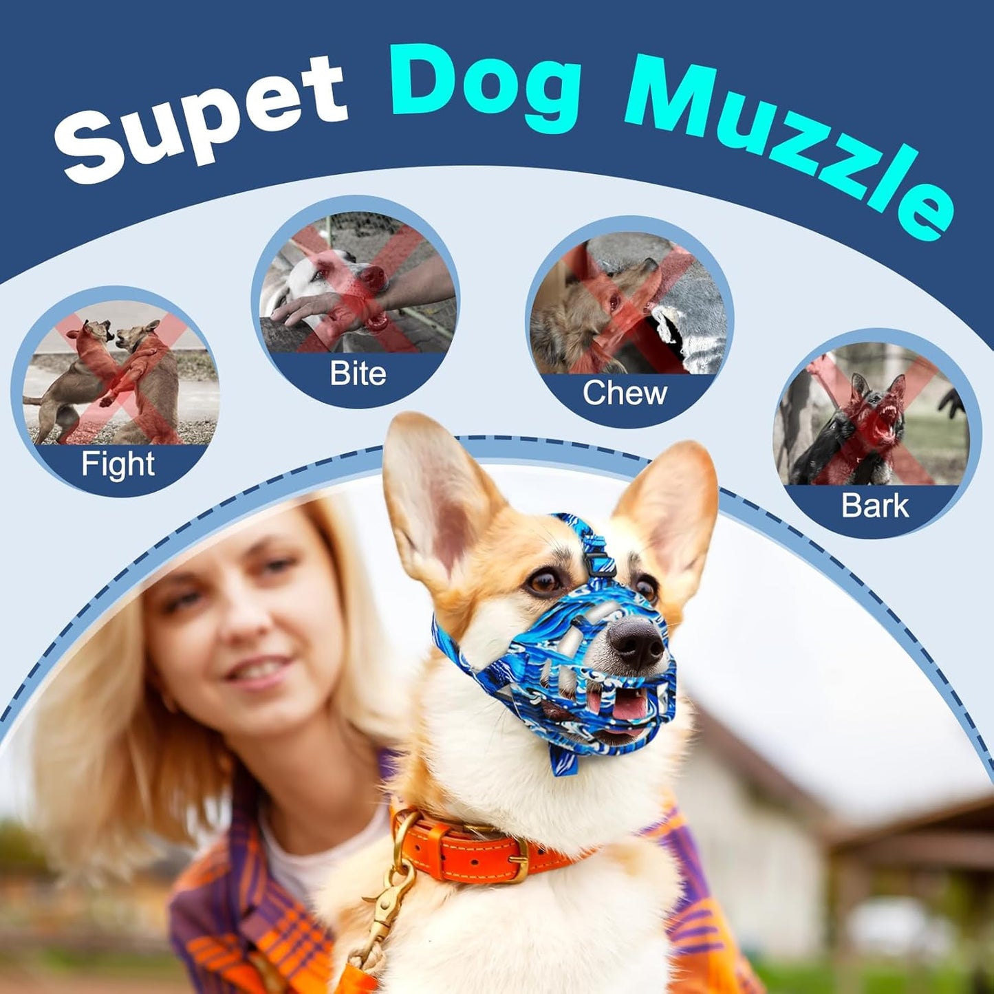 Basket Muzzle to Prevent Biting, Dog Muzzle for Large Medium Small Dogs Allows Panting Drinking Anti Chewing, Perfect for Grooming Trimming Training and Aggressive Reactive Dogs (Blue, Size 4) - Pet Explorer