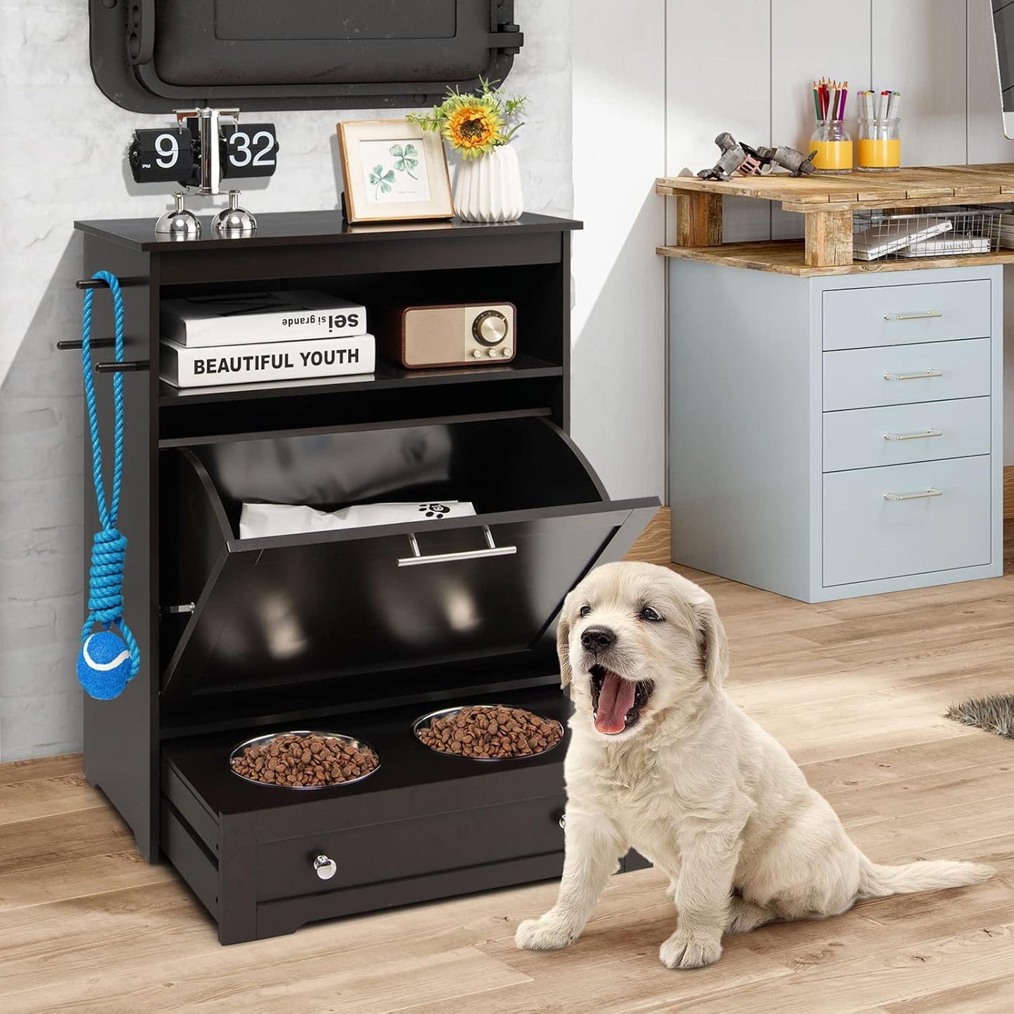 Tangkula Pet Feeder Station, Dog Food Storage Container With Double Pull Out Bowls, Food Toy Organizer Cabinet, Feeding Station Furniture for Dogs Cats Feeding & Watering Supplies (Brown)