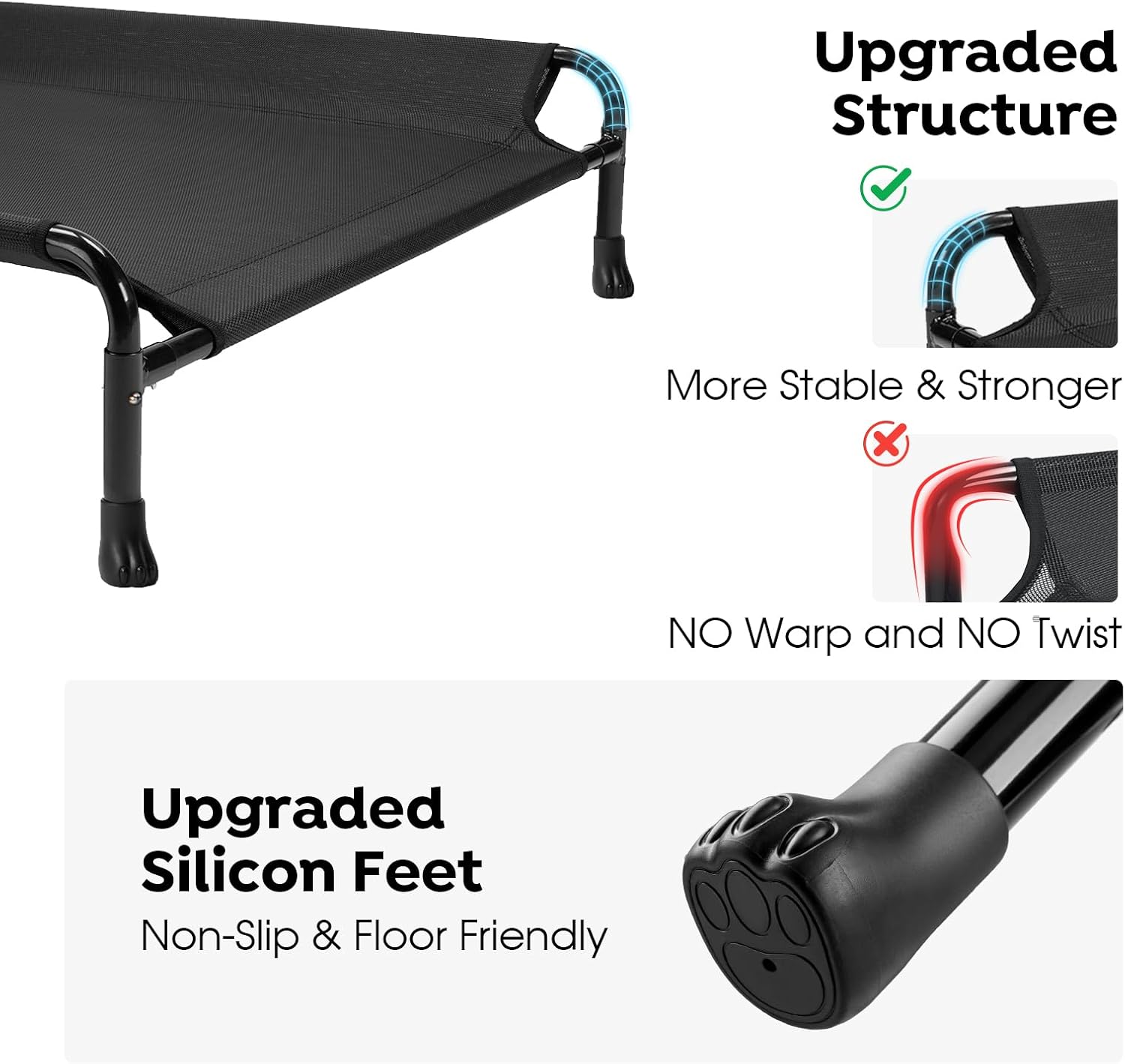Veehoo Elevated Dog Bed, Cooling Raised Dog Bed with Guardrail & Headrest, Upgraded Non-Slip Silicon Feet, Breathable Teslin Mesh, Portable Pet Cot for Indoor and Outdoor, 35 x 22 Inches, Black - Pet Explorer