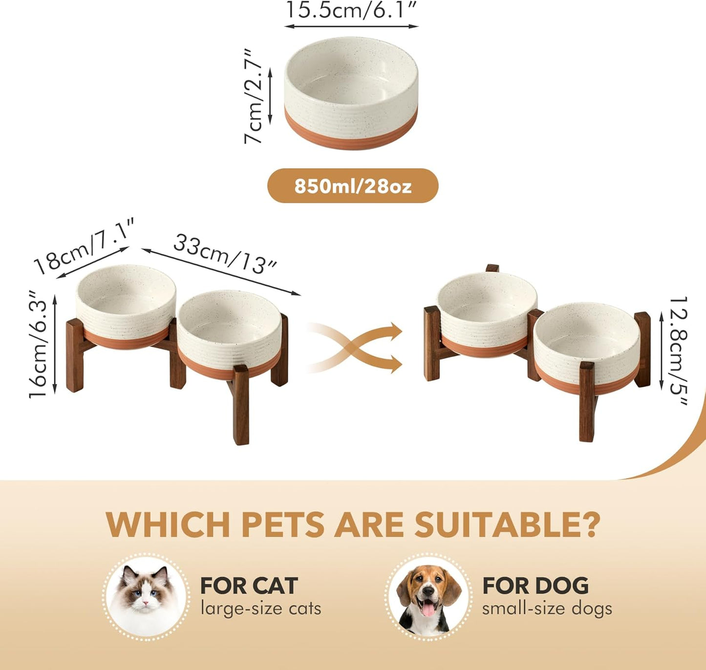 Ceramic 6.1inch Raised Double Dog Bowls Set with Acacia Wood Stand, 2 Heights Elevated, Food & Water Bowls for Small Dogs(28.2oz, Vanilla White) - Pet Explorer