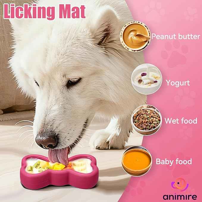 Lick Mat for Dogs, Animire Anti-Spilled Bow Tie Lick Bowls for Anxiety Relief, Silicone Slow Feeder Licking Pad with Suction Cups, Freezeable Dog Enrichment Toy for Boredom and Distraction(Rose,L)