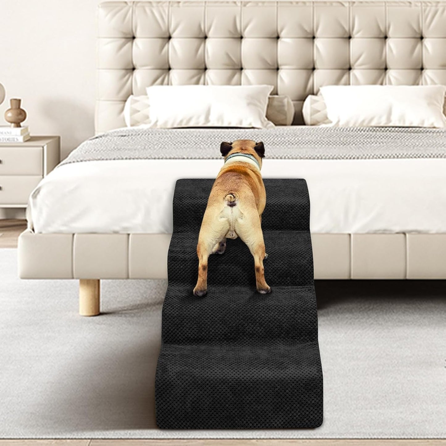 Dog Stairs for Small Dogs - High Density Foam Pet Steps, Extra Wide Dog Ramp with Non-Slip Bottom for High Beds, Couch and Sofa, Best for Dogs Injured, Older Doggy Cats, 4 Steps, Black - Pet Explorer