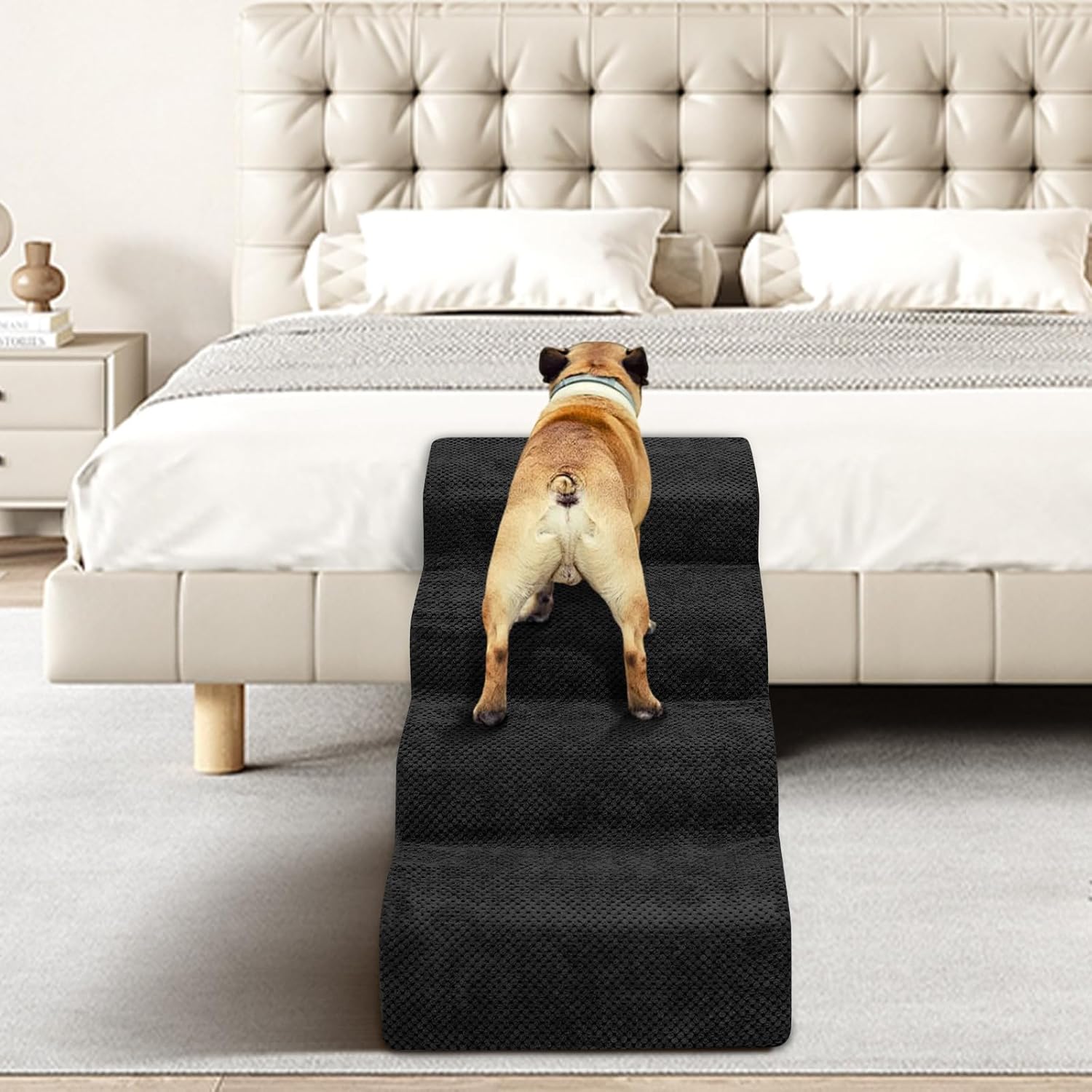Dog Stairs for Small Dogs - High Density Foam Pet Steps, Extra Wide Dog Ramp with Non-Slip Bottom for High Beds, Couch and Sofa, Best for Dogs Injured, Older Doggy Cats, 4 Steps, Black - Pet Explorer