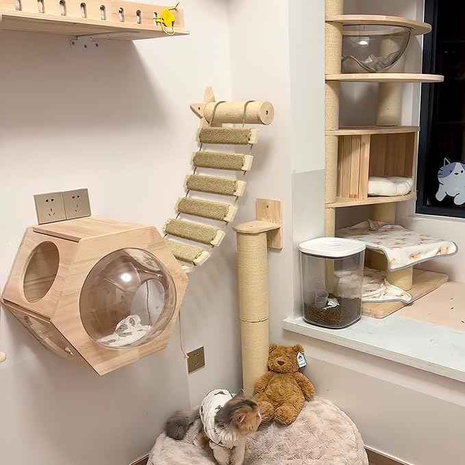 Adjustable Cat Ladder & Bridge - Multi-Functional Wall Furniture Climbing Frame | Sisal-Rope Wrapped Rungs for Secure Climbing | Indoor Cats, Small Pets | Cage Accessories (Wood)