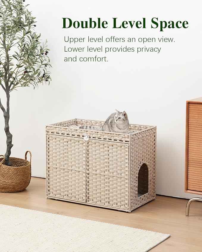 Cat Litter Box Enclosure Furniture, Hidden Litter Box, Cat Litter Box Cabinet with 2 Litter Mats, Handwoven Rattan Large Space Cat House Indoor, Living Room, Bedroom, Apartment Light Khaki