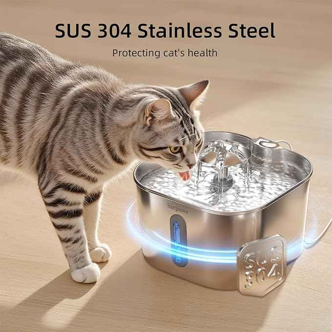 Cat Water Fountain Stainless Steel：74oz/2.2L Water Fountains for Cats Indoor, Cat Fountains for Drinking, Ultra-Quiet, Water Level Window, Pet Water Fountain - 2 Filters + 2 Sponges