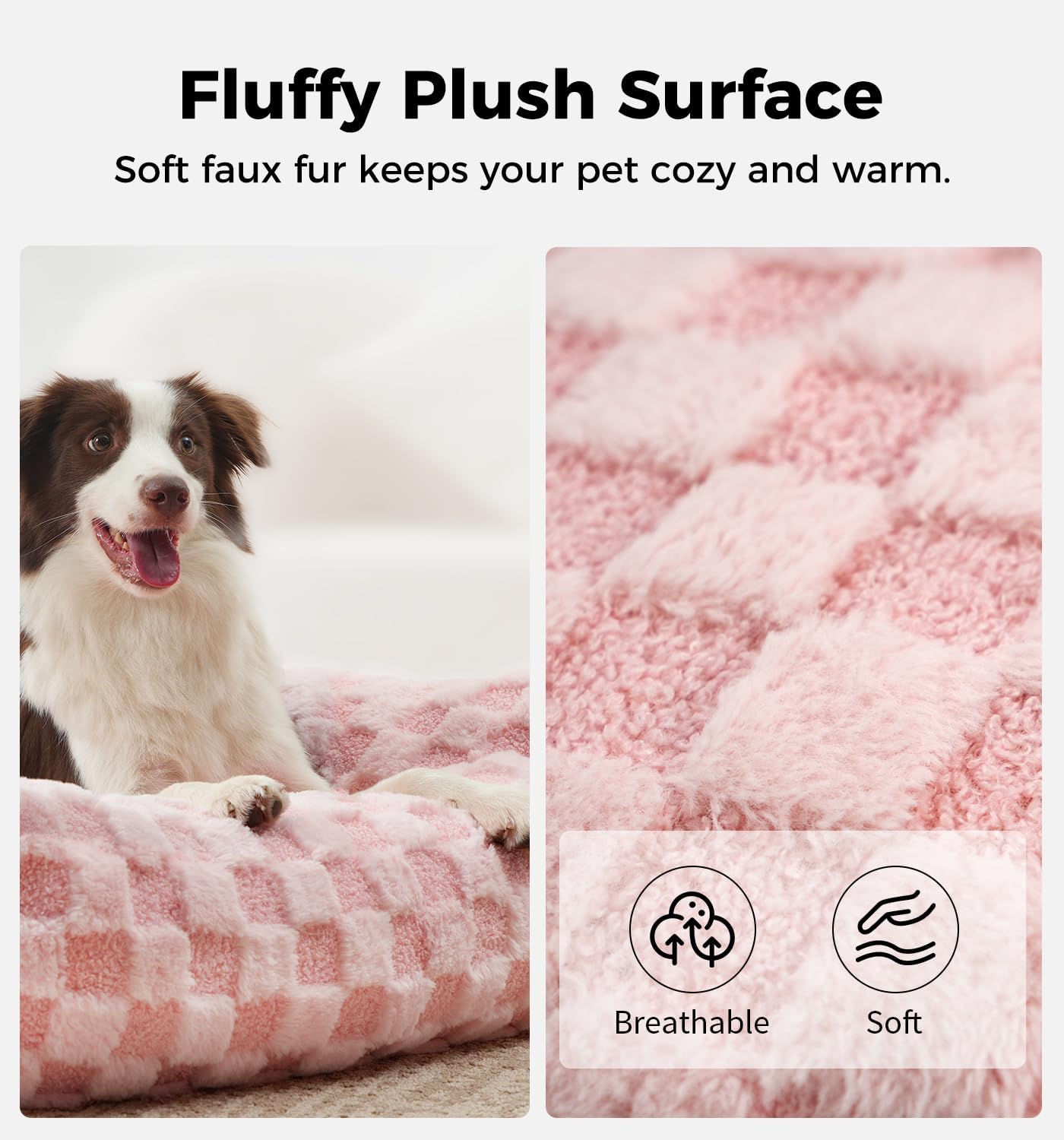 Made4Pets Dog Couch Bed, Soft Faux Fur Checkered Pet Sofa, Comfortable Fluffy Dog Sofa with Supportive Foam, Removable Washable Cover with Non-Slip Base, Pink, Large - Pet Explorer