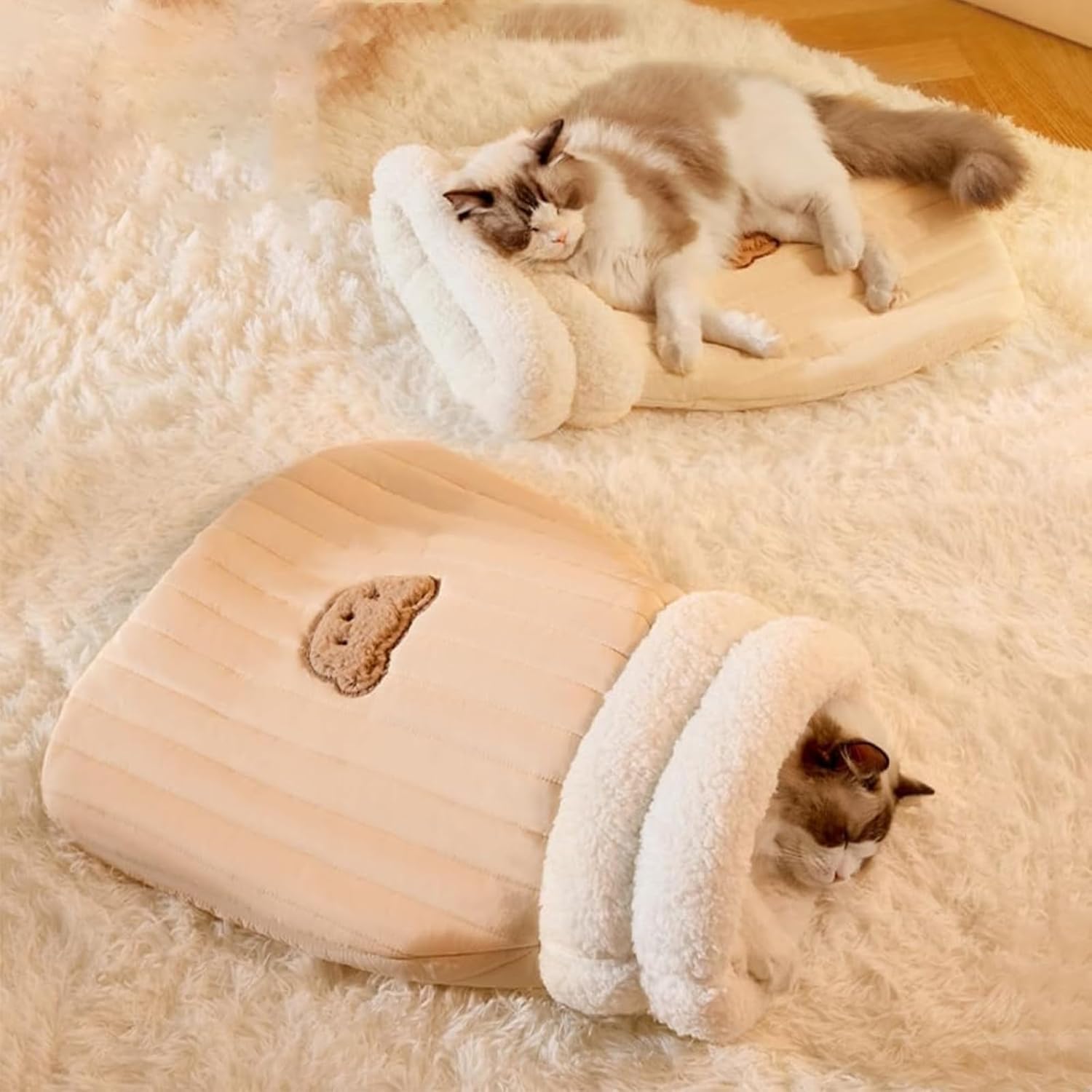 Cat Sleeping Bag for Indoor Cats - Cozy Winter Bed Cave, Warm Soft Fluffy Washable Blanket (G) - Pet Explorer