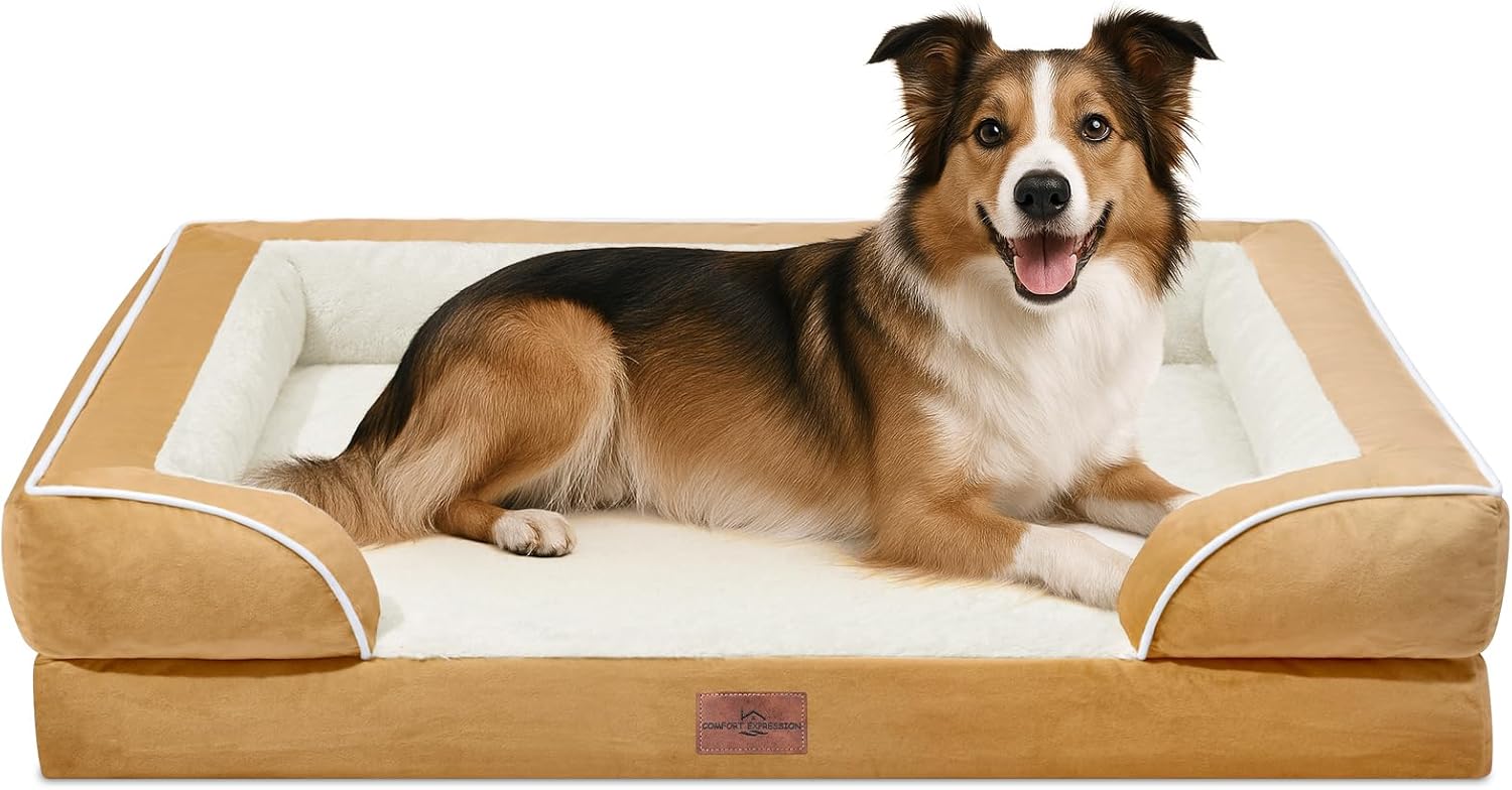 Comfort Expression Large Dog Beds Waterproof Orthopedic Foam Dog Sofa Beds Comfy Pet Bed with Washable Removable Cover & Non-Slip Bottom(Large,Khaki) - Pet Explorer
