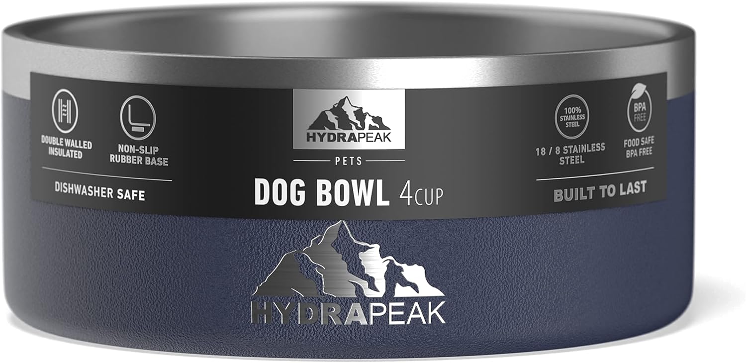 Hydrapeak Dog Bowl; Non Slip Stainless Steel; Water and Food Dish; Large Sized and Small Dogs; 32oz 64oz; Multiple Sizes; 4 Cup | Navy - Pet Explorer
