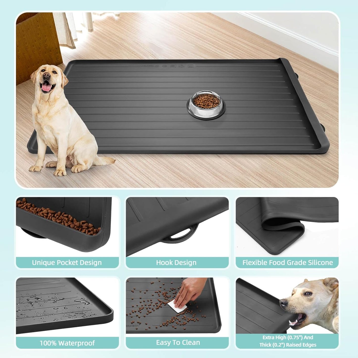 Dog Mat for Food and Water - 39.4" x 27" Large Pet Feeding Mats with Residue Collection Pocket - Waterproof Dog Cat Bowl Mat with High Edges to Prevent Water and Food Spills (Black) - Pet Explorer
