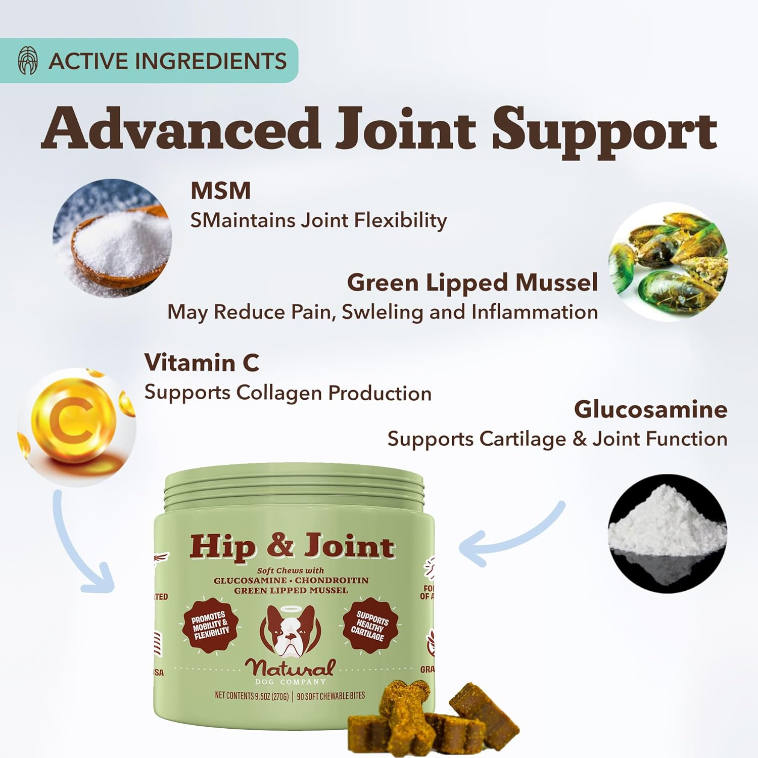 Natural Dog Company Hip & Joint Chews, Chicken Liver & Turmeric Flavor, with Glucosamine Chondroitin for Dogs, Maintains Bone and Joint Health, Supplements for Seniors and Puppies, 90 Count - Pet Explorer