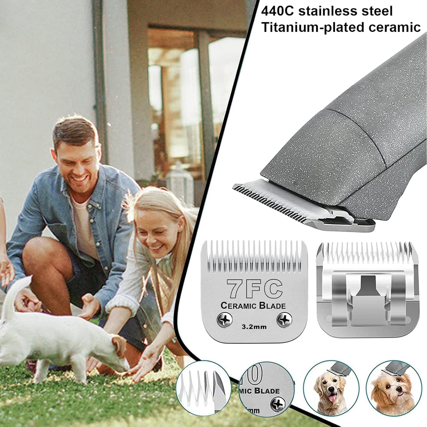 7FC Blades Dog Grooming Clipper Compatible with Andis Pet/Oster A5/Wahl KM Series, Ceramic & Stainless Steel Blade - Pet Explorer