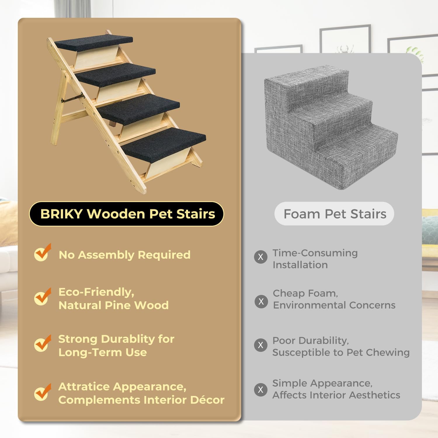 BRIKY 2-in-1 Dog Stairs/Ramp with 4 Steps, Foldable Dog Stairs for High Beds Cars Couch, Durable Wooden Pet Stairs for Small Medium Large Dogs, No Assembly Required - Pet Explorer